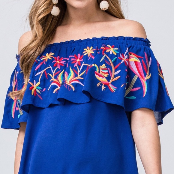 Embroidered Off Shoulder Ruffle Top | Royal Blue - Picture 2 of 5